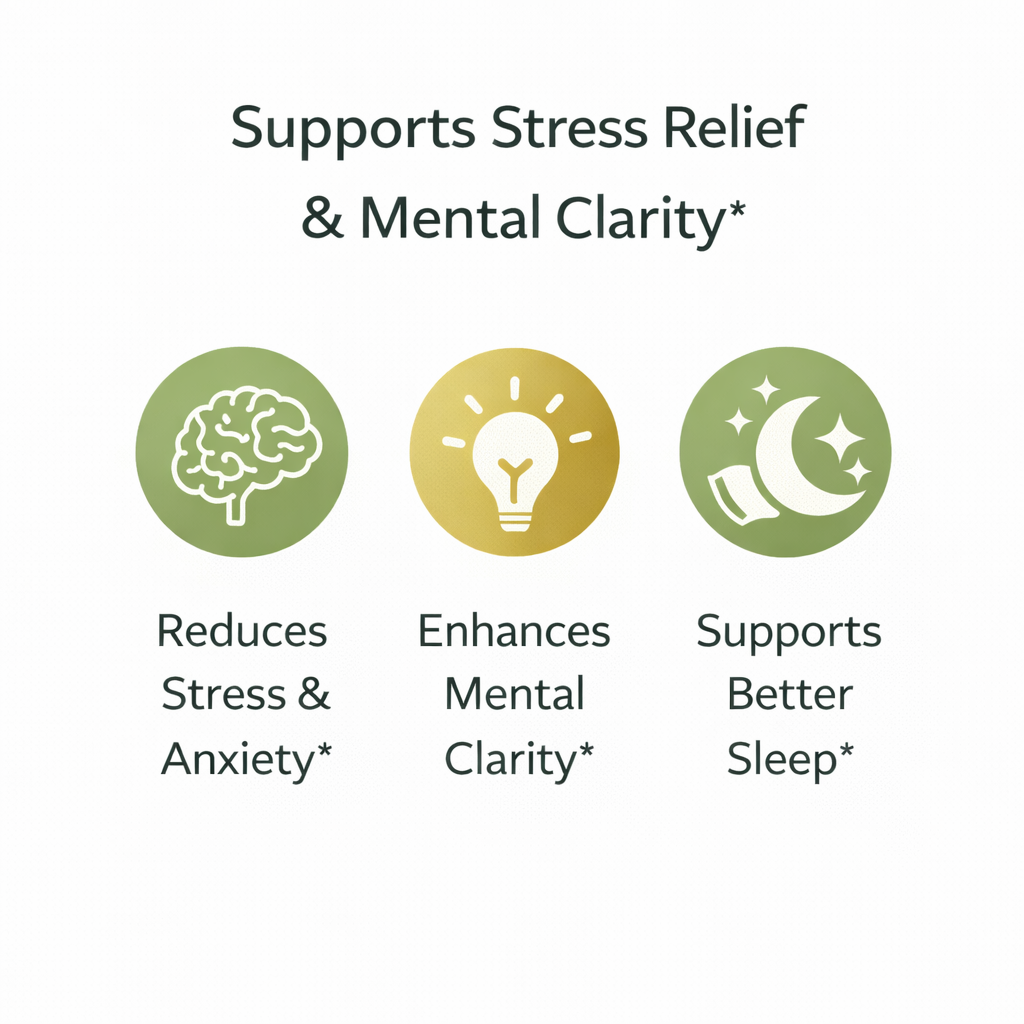 Three icons representing stress relief, mental clarity, and better sleep with corresponding text on a white background.