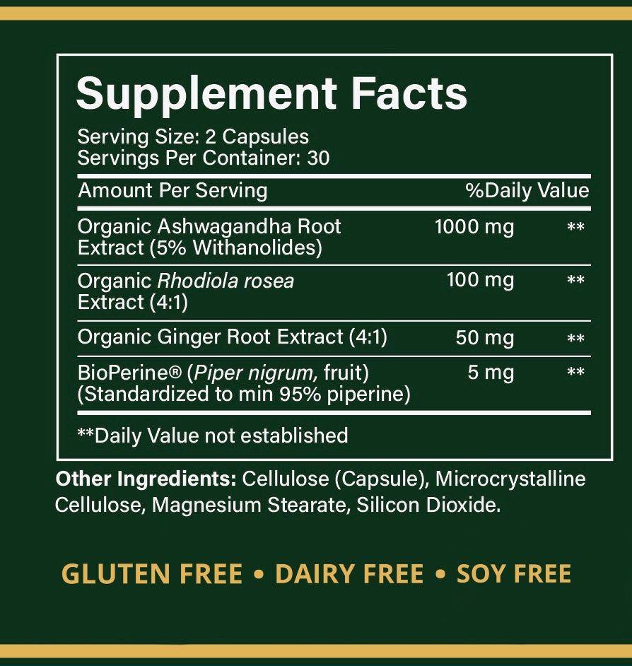 Supplement facts label with green background and white text
