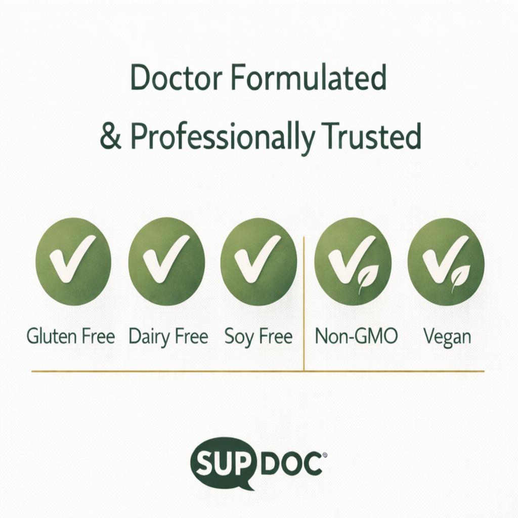 SUP DOC product label with certification icons for gluten-free, dairy-free, soy-free, non-GMO, and vegan on a white background.
