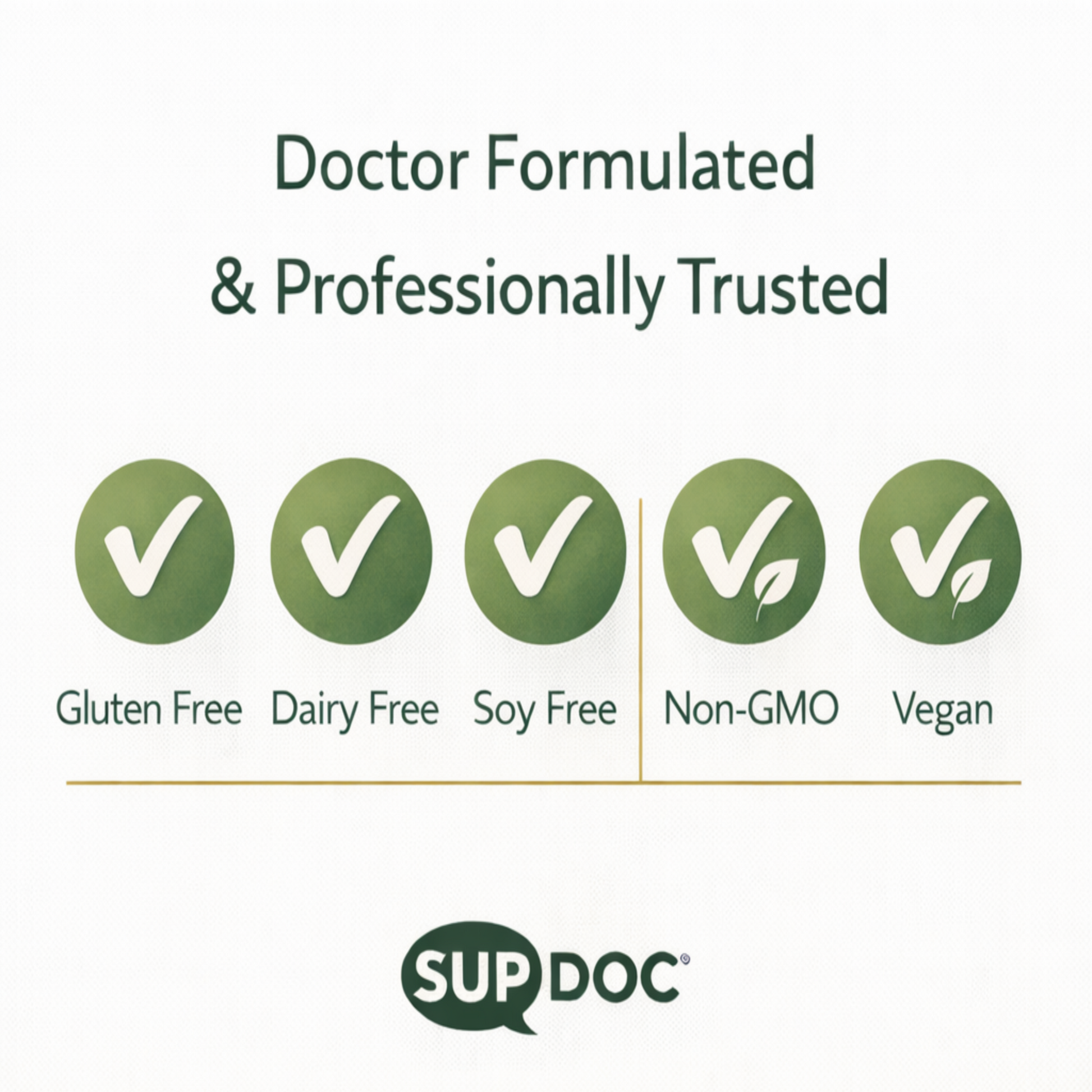 SUP DOC product label with certification icons for gluten-free, dairy-free, soy-free, non-GMO, and vegan on a white background.