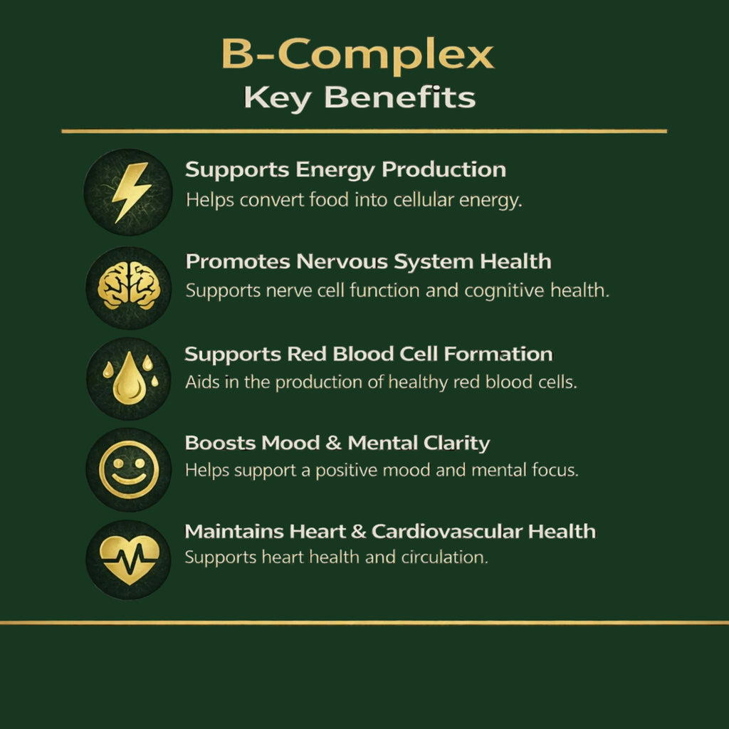 B-Complex key benefits listed on a dark green background with icons.