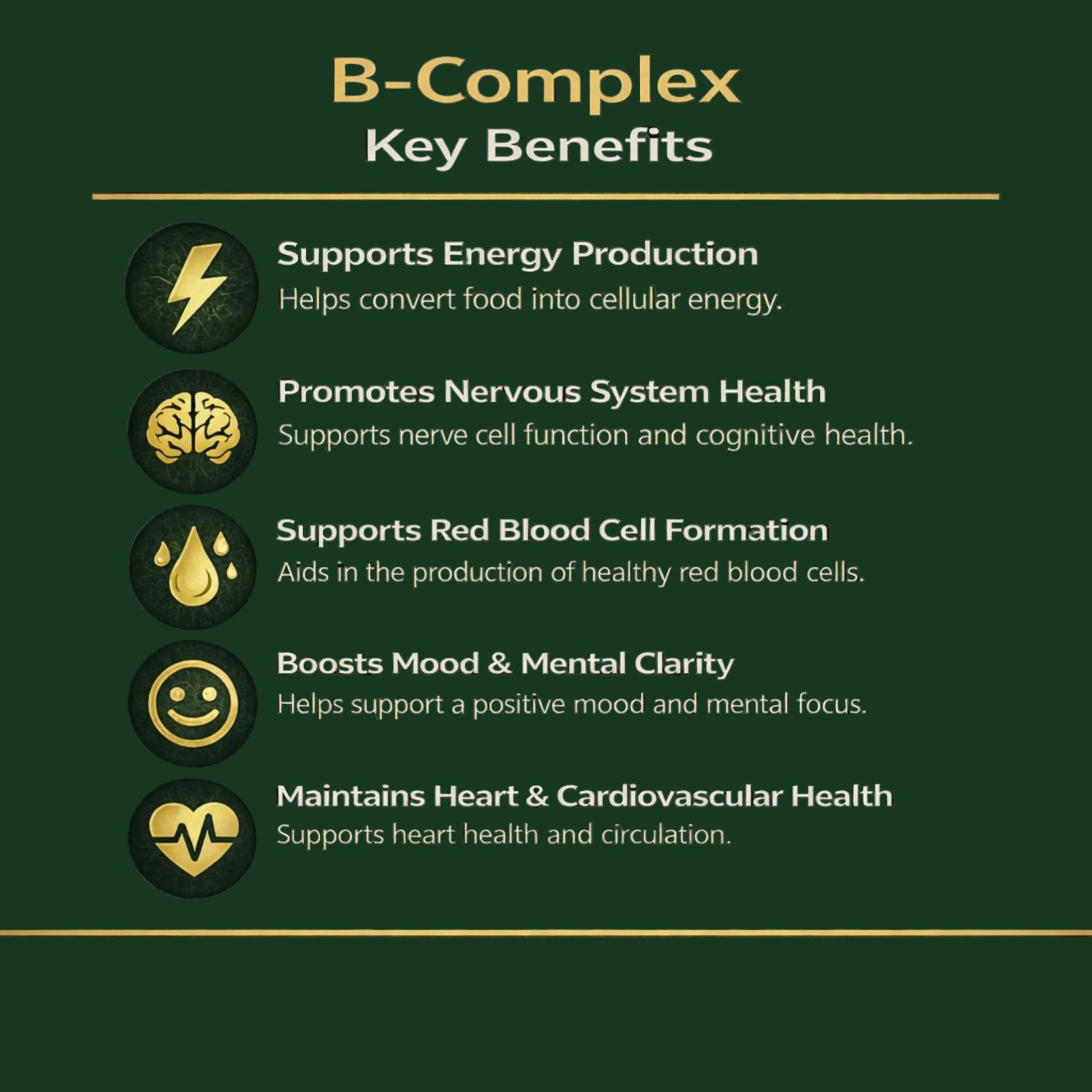 B-Complex key benefits listed on a dark green background with icons.